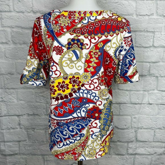 Talbots Large Excellent Top Paisley Red Blue Yellow Short Sleeve Stretch Cotton - Picture 7 of 10
